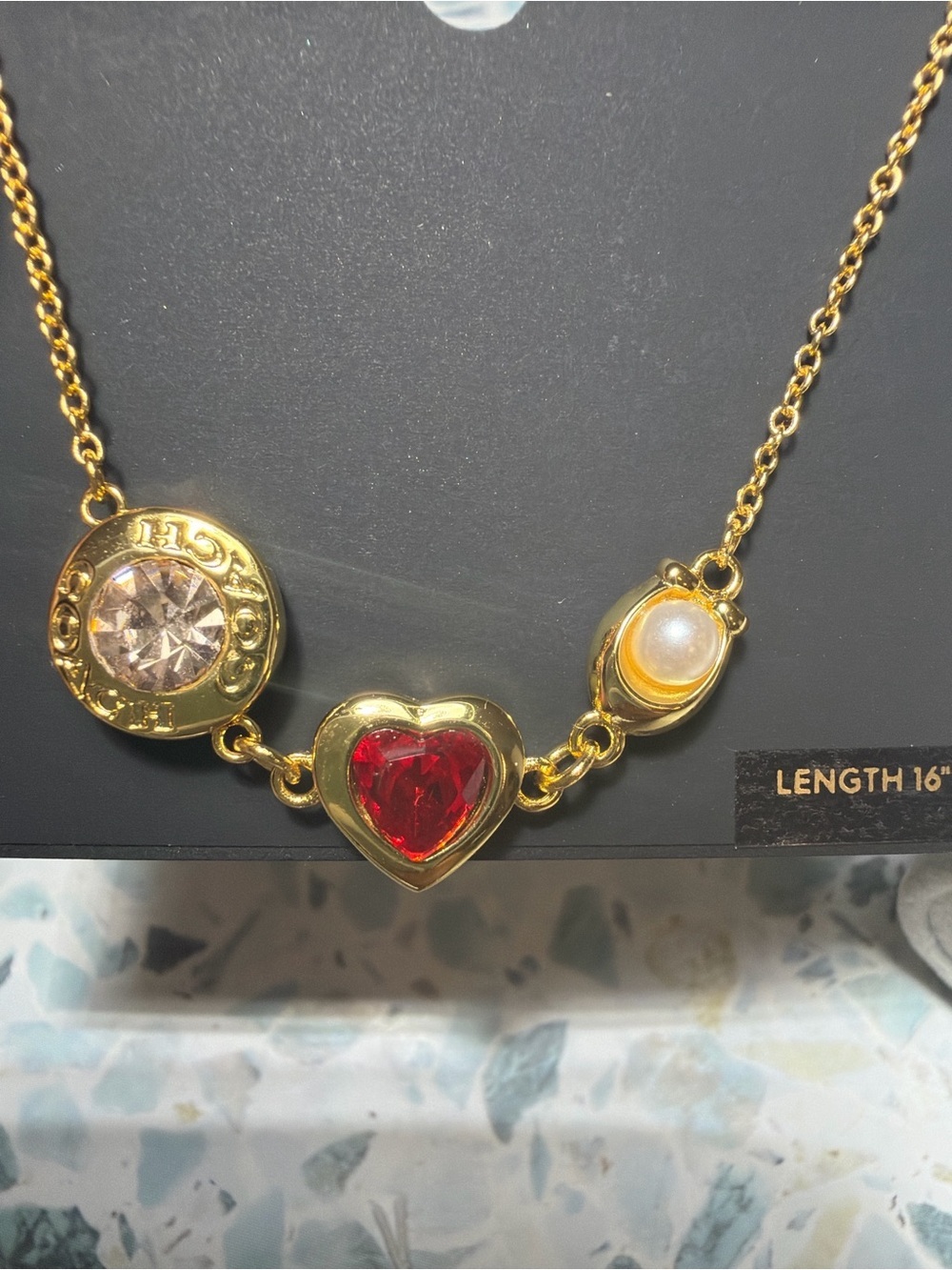 Coach Gold Tone Crystal Heart Pearl Charm Slider Bracelet NWT #82 - Picture 3 of 5